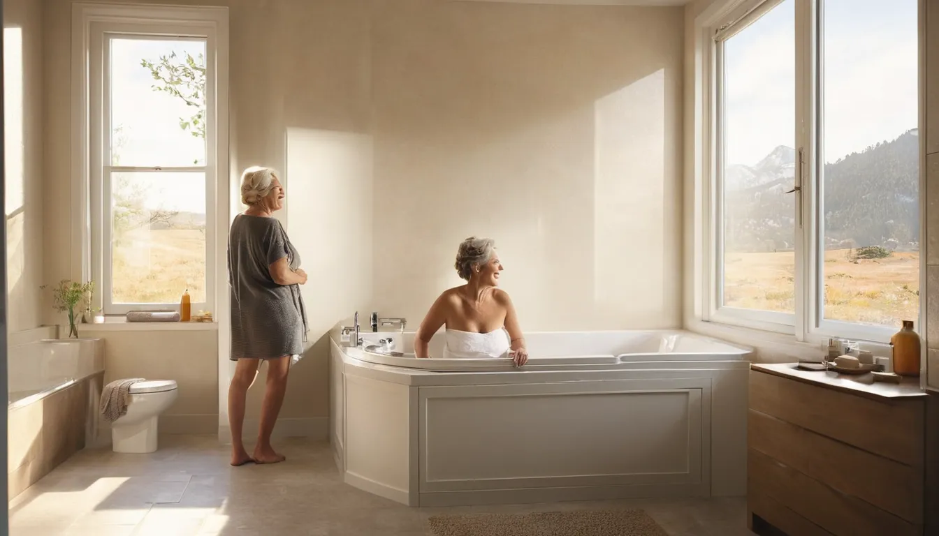 A smiling homeowner looking at a bright, accessible bathroom with a walk-in tub in Campton Hills