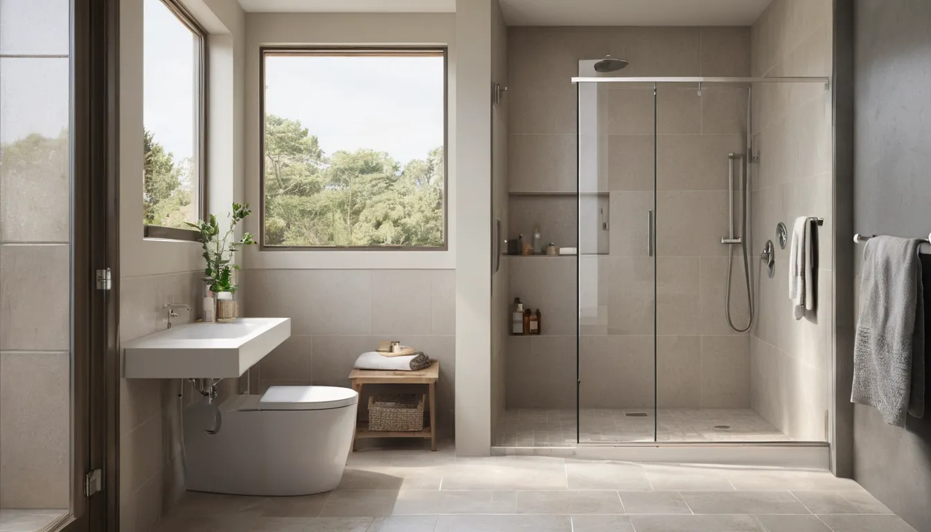 Bright, accessible walk-in shower with a bench and grab bar in a home bathroom in Campton Hills